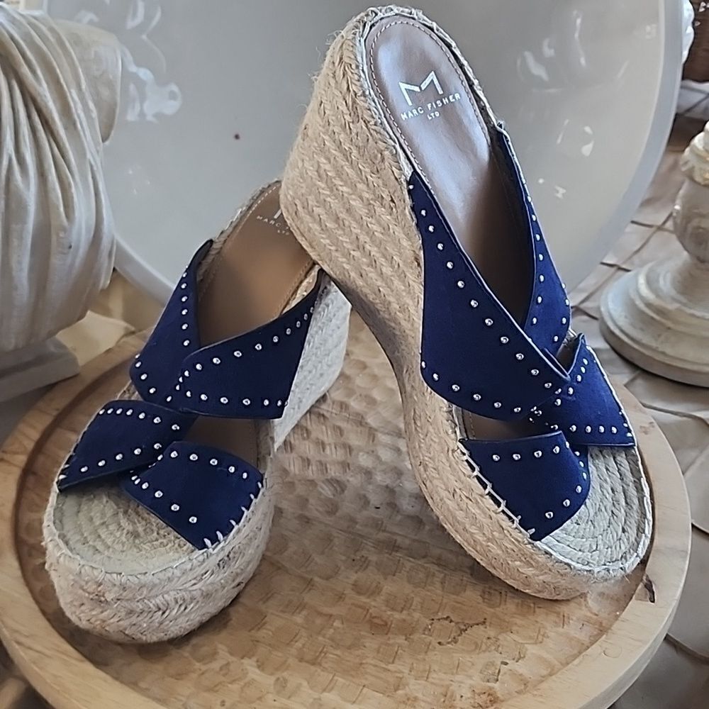 Mark Fisher Ltd Dark Navy 'Angelina' Blue Suede Espadrille Wedge 7.5 Silver Stud